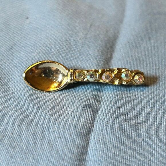 Silver Tone and Crystal Spoon Brooch Pin - Picture 1 of 3